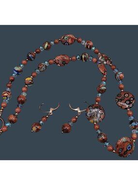 Venetian Millefiori & Gold Sandstone Glass Necklace & Hook Dangle Earrings 23"